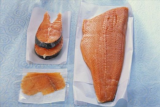 鲑鱼肉饼,熏制三文鱼,三文鱼片,纸