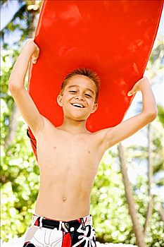 男孩,微笑,鲜明,红色,冲浪板