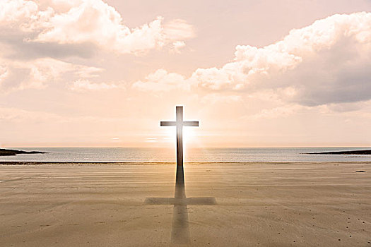 十字架,宗教,象征,形状,上方,日落,天空,海滩
