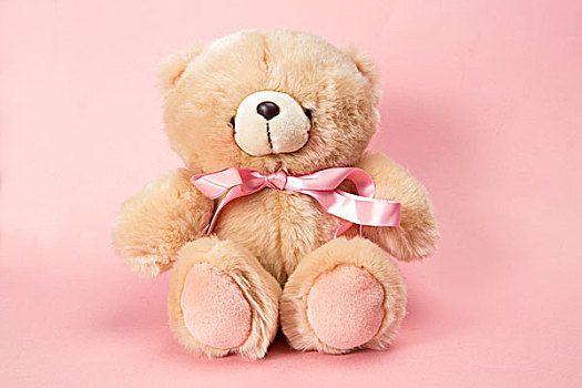 绒毛状,泰迪熊,粉色,丝带,粉色背景