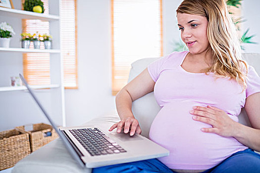 高兴,孕妇,笔记本电脑,在家,客厅