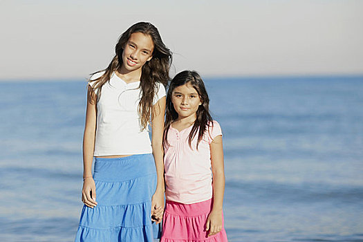 一个,女孩,肖像,姐妹,站立,海滩