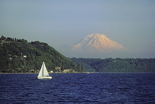 美国,华盛顿,西雅图,帆船,普吉特湾,山,雷尼尔山,背景