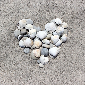 心形,壳,鹅卵石,沙子