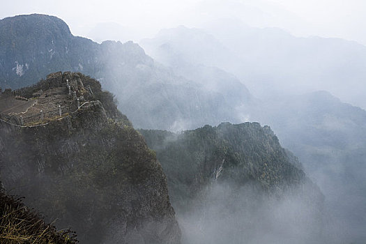 山脉,遮盖,雾,攀升,峨嵋,四川,中国