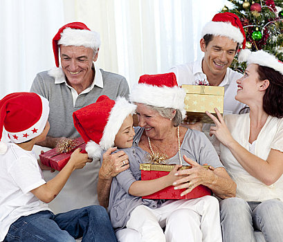 笑,家庭,家族,圣诞时节,给,礼物