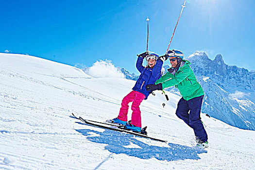 父亲,引导,女儿,滑雪,夏蒙尼,法国