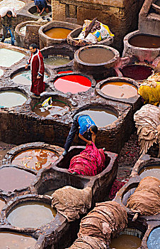 摩洛哥,老,制革厂,1000年,俯视,桶,彩色,染料