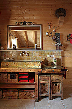 乡村,浴室,石头,水槽,木质,小屋