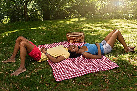 年轻,情侣,躺着,野餐毯,公园,相对