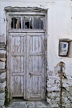 老,木门,碎玻璃,窗格,纳克索斯岛,基克拉迪群岛,希腊,欧洲
