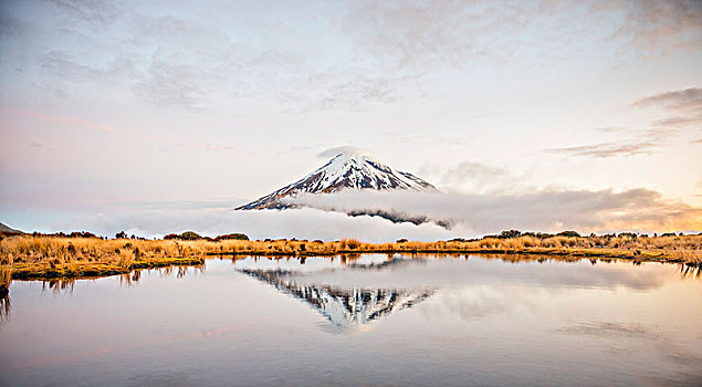 反射,山中小湖,层状火山,塔拉纳基,黄昏,艾格蒙特国家公园,北岛,新西兰,大洋洲