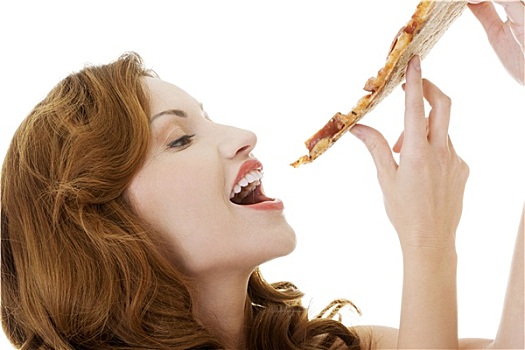 高兴,女人,吃饭,比萨饼