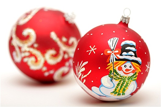 两个,红色,圣诞节,彩球,绘画,雪人,雪,金色