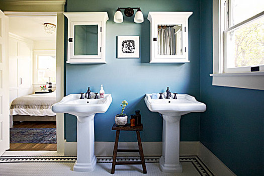 两个,基座,盥洗池,柜厨,高处,蓝色,浴室,风景,卧室