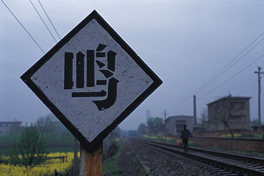 安徽淮南铁路旁的交通提示鸣字牌
