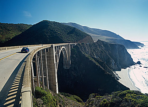 汽车,路线,穿过,溪流,桥,海岸