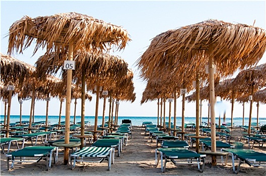 伞,太阳椅,海滩,克里特岛,希腊