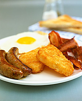 咸肉,鸡蛋,和香肠,马铃薯饼,早餐