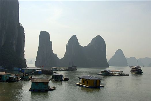 漂浮,乡村,船屋,正面,高耸,岩石,岛屿,下龙湾,湾,越南,亚洲