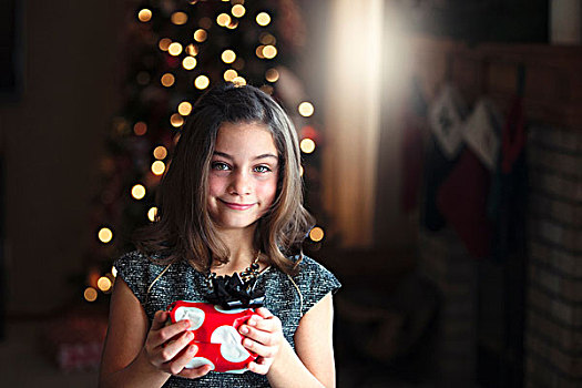 女孩,头像,正面,圣诞树,拿着,礼物,看镜头,微笑