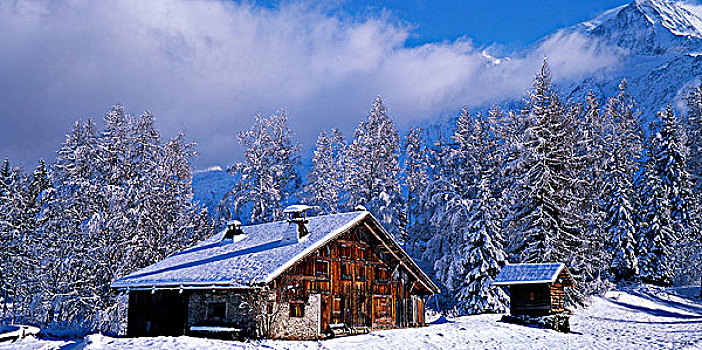 法国,上萨瓦,勃朗峰,山,木制屋舍,雪