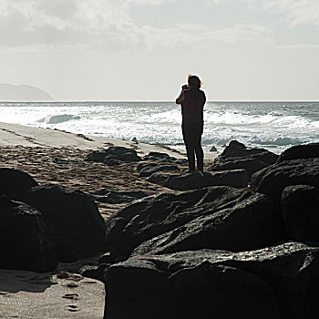 女人,摄影,海滩,北岸,瓦胡岛,夏威夷,美国