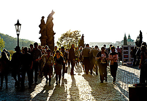 人,桥,查理大桥,逆光,布拉格,捷克共和国,欧洲