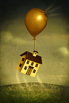 插画,图像,房子,漂浮,损坏,气球,碰撞,房地产