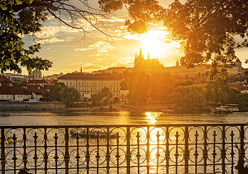 晴朗,彩色,晚间,布拉格,风景,布拉格城堡,伏尔塔瓦河