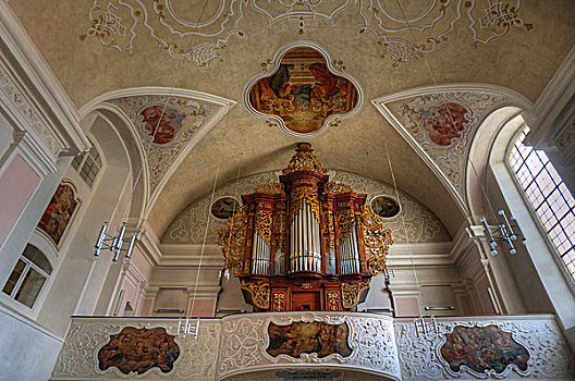 琴乐器,阁楼,巴洛克式教堂,圣徒,上弗兰科尼亚,巴伐利亚,德国,欧洲
