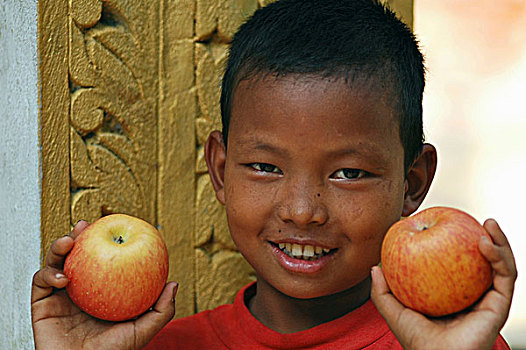 缅甸,曼德勒,头像,微笑,亚洲人,男孩,红色,衬衫,拿着,富士苹果,苹果