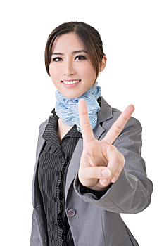 胜利手势,亚洲人,职业女性,给,平和,手势,特写,头像,白色背景