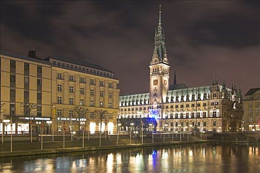 汉堡市,市政厅,湖,夜晚,德国