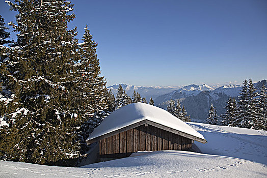 大雪,小屋,风景,西南方,阿尔卑斯山,洛赫特-伊根,上巴伐利亚,巴伐利亚,德国南部,德国