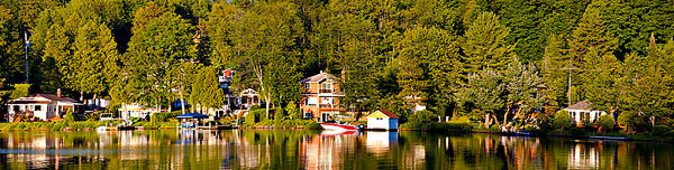 屋舍,湖,日落,魁北克,加拿大