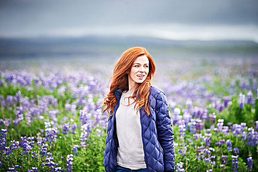 高兴,自信,美女,地点,紫花,南方,冰岛