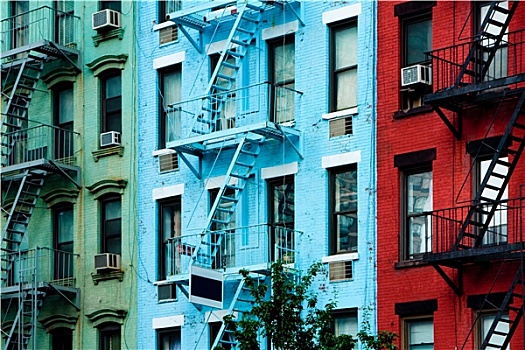 彩色,公寓楼,防火梯