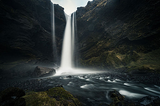 瀑布,峡谷,生动,暗色,气氛,定时暴光,靠近,冰岛,欧洲