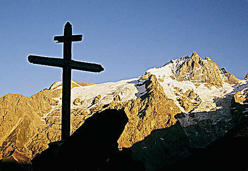 法国,阿尔卑斯山,山,背影,十字架,前景