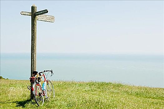 自行车,靠着,路标,海洋