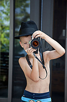 年轻,男孩,戴着,费多拉帽,帽子,照相,摄影