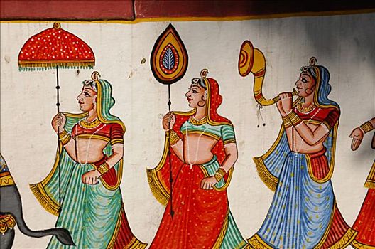 壁画,花园,公主,乌代浦尔,拉贾斯坦邦,北印度,亚洲