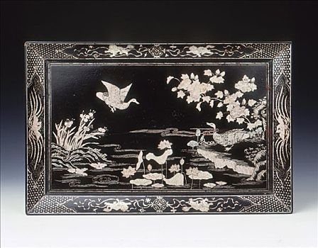 黑色,漆器托盘,珍珠母,明代,中国,一半,16世纪,艺术家,未知