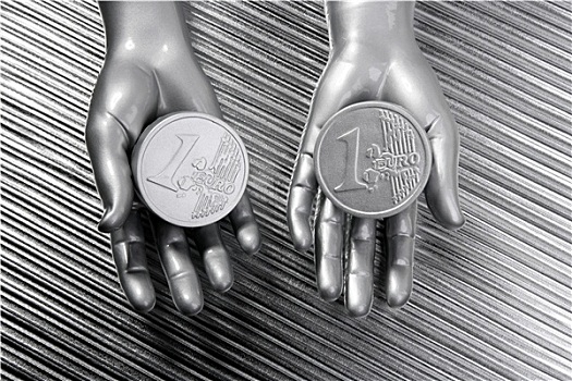 两个,银,欧元硬币,未来,机器人