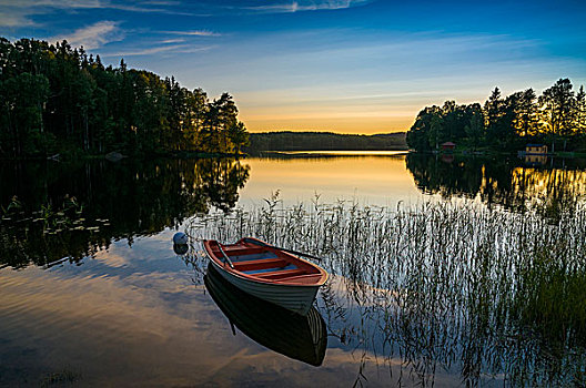 湖,划艇,日落,瑞典,欧洲