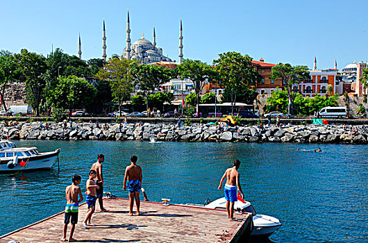 土耳其,伊斯坦布尔,市区,地区,藍色清真寺,港口,清真寺,蓝色清真寺