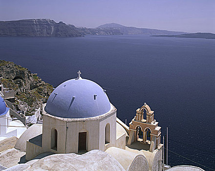 希腊,基克拉迪群岛,圣托里尼岛,教堂,风景,湖,爱琴海,海岸,文化,信念,圆顶,钟楼,建筑,景象,无人