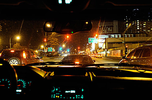 拥挤,城市街道,室内,汽车,夜晚