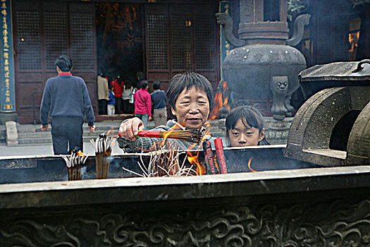 信徒,燃烧,香,庙宇,上海